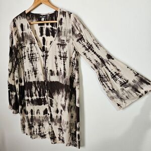 EUC BILLABONG TIE DYE BROWN CREAM V NECK BUTTON DOWN BELL SLEEVES TUNIC/DRESS M